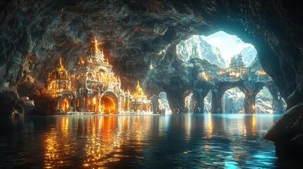 Fototapeta premium A mystical cave with illuminated structures reflecting on water.