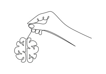 Continuous one line drawing of mental health concept with hand and human brain Symbol of clean mind and brain diseases in simple linear style vector illustration