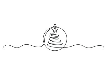 Continuous single line drawing of Christmas decoration ball. Vector illustration