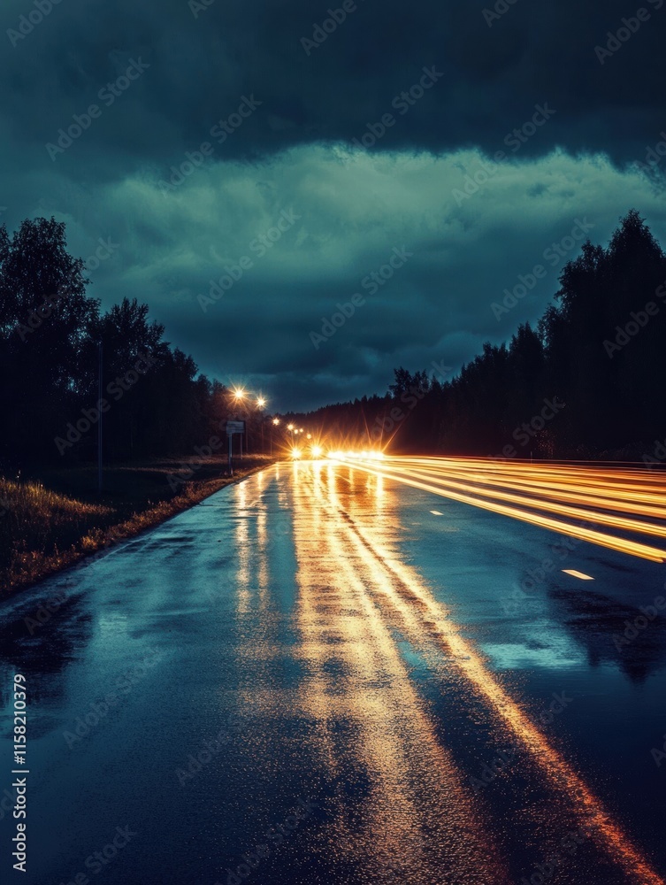 Poster bright car light streaks on a wet night road with open space for text. generative ai