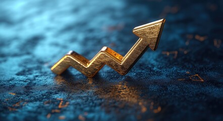 Golden Stock Market Arrow, Banking Finance Graph Assets, Financial Gain and Success with Blue Business Background for Corporate Use