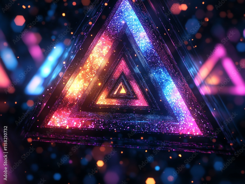 Poster a vibrant, abstract representation of glowing triangles in a cosmic setting.