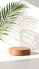 Beautiful wood grain round wood podium dish in sunlight, tropical palm leaf shadow on white table countertop, wall for nature luxury organic cosmetic, skincare, beauty treatment product background 3