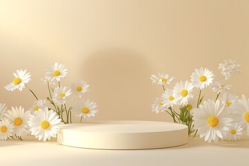 3D podium with flying petals, beige background, magnolia flowers floating around the podium, soft lighting, high-resolution, product display background.