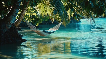 Fototapeta premium A tranquil hammock hangs between palm trees over calm, turquoise waters, inviting relaxation.