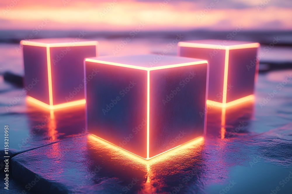 Aufkleber three glowing cubes on a reflective surface during sunset.