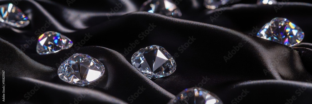 Leinwandbilder sparkling diamonds scattered on black silk fabric with empty space for text mock up. generative ai