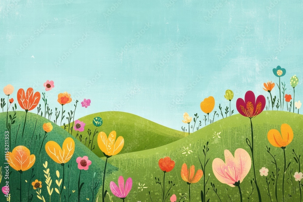 Poster bright flowers bloom in a naive art style landscape with ample space for creative text placement. ge