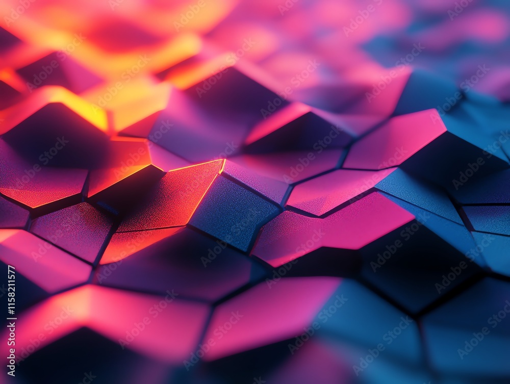 Poster a vibrant, abstract surface with hexagonal patterns and dynamic lighting effects.