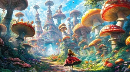 Fototapeta premium Surreal landscapes adorned with giant mushrooms and vibrant colors.