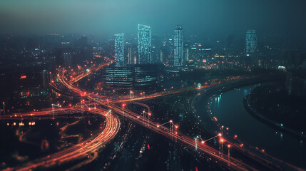 Fototapeta premium Smart digital Innovation city with connection network reciprocity over the cityscape. of future smart wireless digital city and social media networking systems that connects people with in city