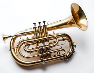 Obraz premium A gleaming golden flugelhorn rests on white
