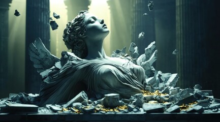 Obraz premium A fantasy-inspired sculpture depicting feminine beauty amid desolation.