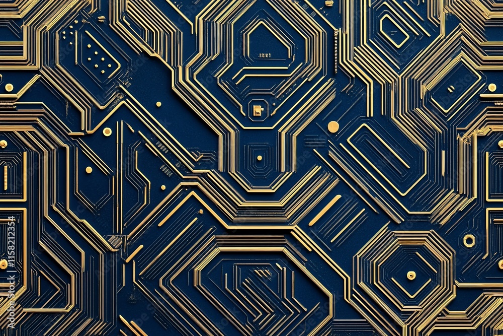 Aufkleber Abstract circuit board design with intricate lines and shapes in gold on a dark background.