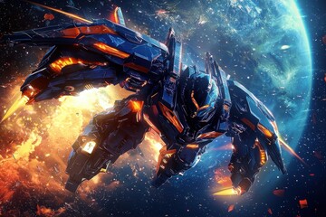 A colossal robot soaring through the cosmos.