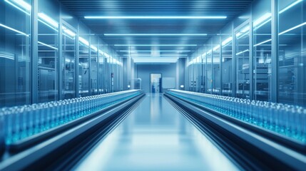 Obraz premium A modern beverage production facility with rows of bottled drinks.