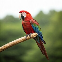 Fototapeta premium A Scarlet Macaw perched diagonally on a branch, looking to the side with a blurred natural background. 