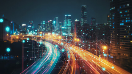 Obraz premium Smart digital Innovation city with connection network reciprocity over the cityscape. of future smart wireless digital city and social media networking systems that connects people with in city