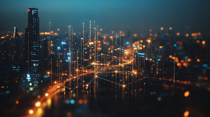 Fototapeta premium Smart digital Innovation city with connection network reciprocity over the cityscape. of future smart wireless digital city and social media networking systems that connects people with in city