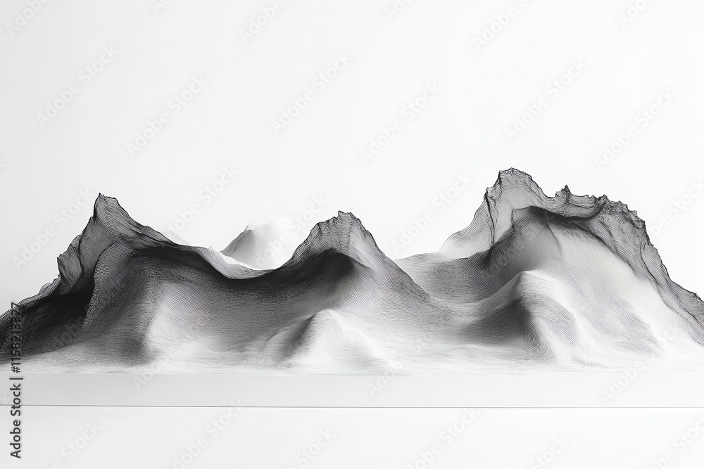 Poster a monochromatic landscape sculpture resembling mountains, emphasizing form and texture.