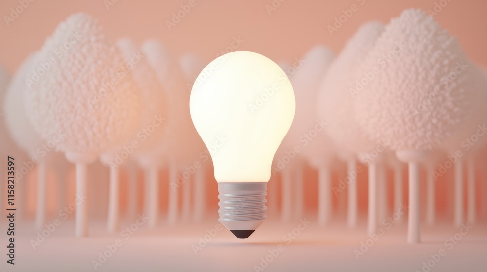 Poster glowing light bulb floating among white trees symbolizing ideas and innovation