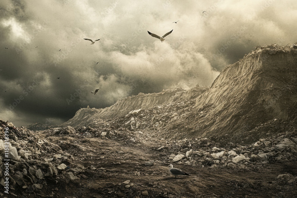 Poster massive landfill with seagulls flying overhead in dramatic cloudy sky. generative ai