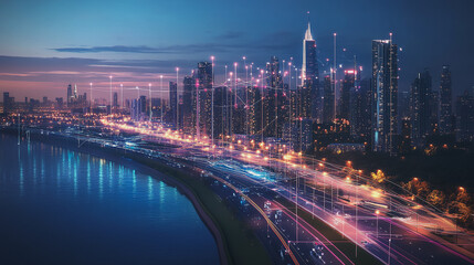 Smart digital Innovation city with connection network reciprocity over the cityscape. of future smart wireless digital city and social media networking systems that connects people with in city