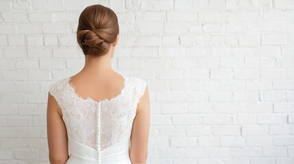 Elegant Woman in Wedding Dress Posing Against White Brick Wall