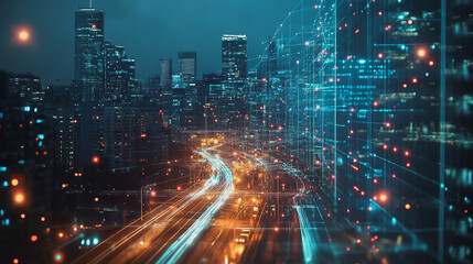 Fototapeta premium Smart digital Innovation city with connection network reciprocity over the cityscape. of future smart wireless digital city and social media networking systems that connects people with in city