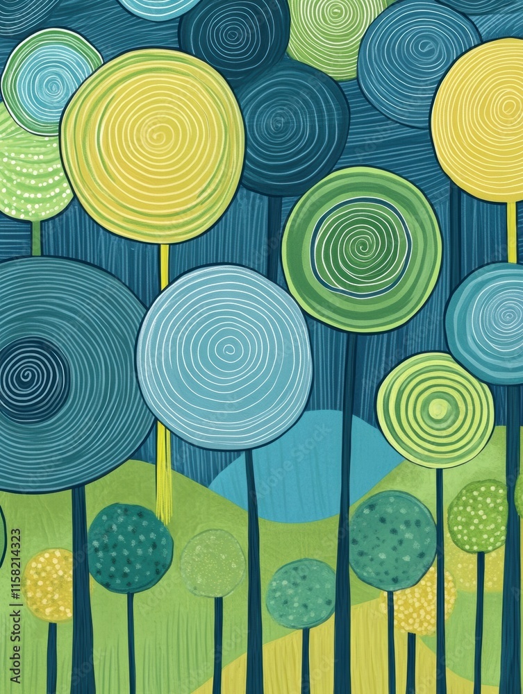 Aufkleber Colorful naive art style background featuring whimsical trees and rolling hills for creative use. Generative AI