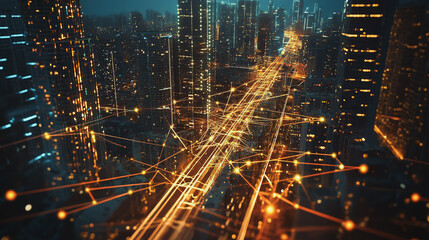 Smart digital Innovation city with connection network reciprocity over the cityscape. of future smart wireless digital city and social media networking systems that connects people with in city