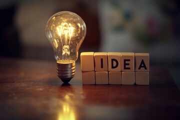 The word "IDEA" displayed in wooden blocks on a table, illuminated by a light bulb, symbolizing the power of new ideas and innovative thinking.