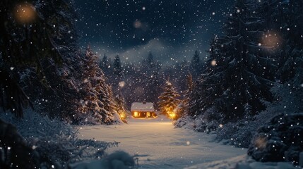 Obraz premium A cozy cabin surrounded by snow-covered trees in a serene winter landscape.