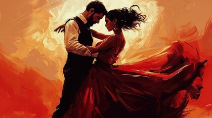 A stunning illustration showcasing a couple gracefully dancing flamenco. 
