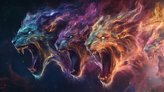 Chimera's roar a holographic chimera roaring its multiple heads. Chimera. Illustration