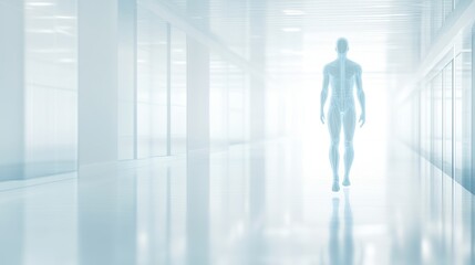 Fototapeta premium A figure walking through a bright corridor.