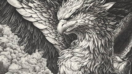 Create an old engraving style portrait of a mythological creature, such as a griffin or chimera. Chimera. Illustration