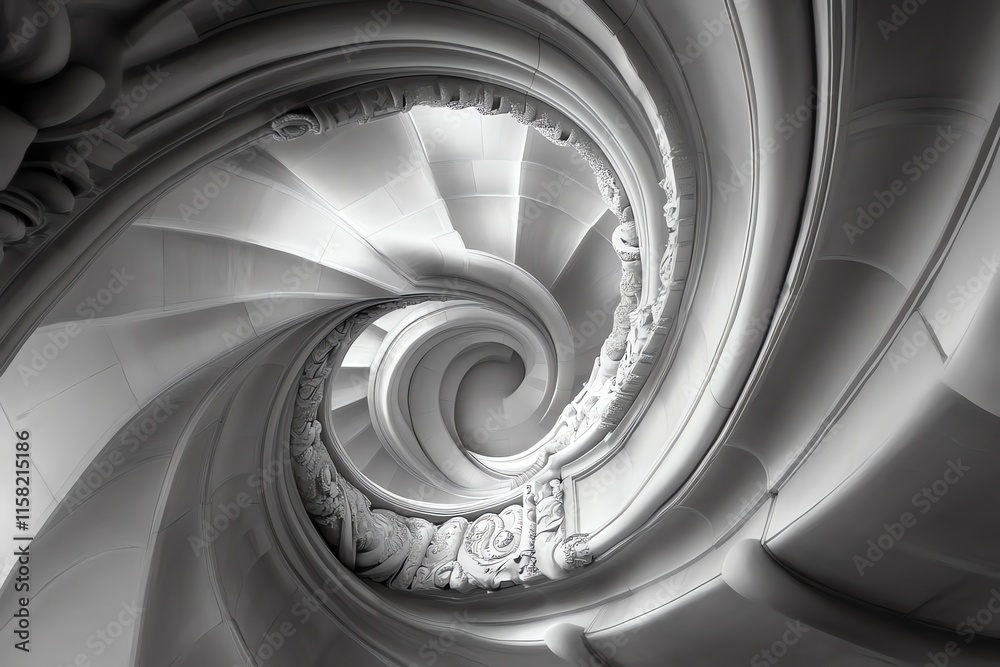 Poster A spiraling staircase with intricate architectural details in monochrome.