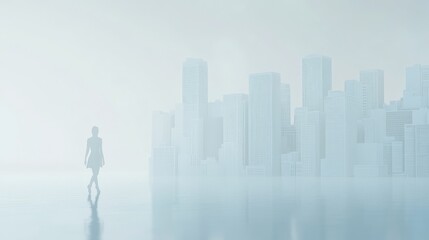 A person walks through a foggy urban landscape.