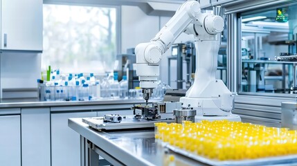 Robotic arm assembling a gadget in a futuristic lab, captured in sharp detail with ample text space, professional advertising, balanced composition,