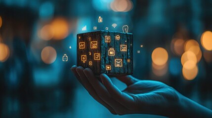 A hand holds a glowing cube with various digital icons, symbolizing technology and communication.