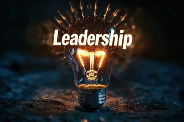 The word "Leadership" with a bright light bulb at the center, radiating light outward, representing how leadership brings ideas to life and inspires growth.