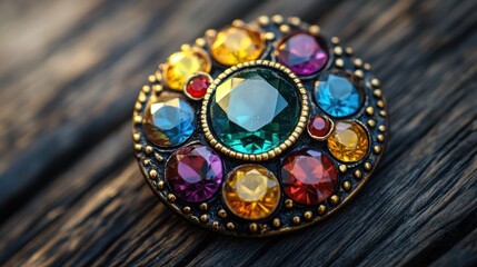 Obraz premium Colorful Gemstone Brooch Rests on Dark Wood