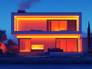 A modern house illuminated with vibrant orange lights against a twilight backdrop.