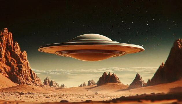 A mysterious alien spaceship captured in retro style on Mars.