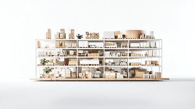 multi tiered shelving system in warehouse displays various items, showcasing organization and efficiency