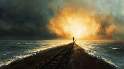 A solitary figure walks along a railway track towards a dramatic sunset over the ocean.