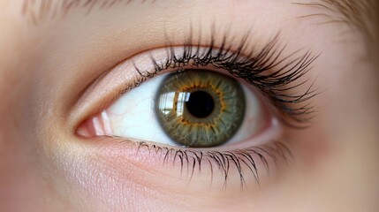 Fototapeta premium Close-up of Human Eye with Unique Hazel and Green Iris and Long Eyelashes