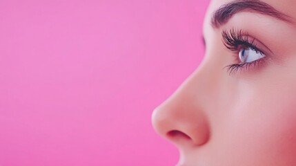 Profile of a Young Woman with Long Lashes Against a Pink Background