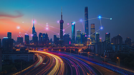Fototapeta premium Smart Innovation city with connection cyber security network reciprocity over the night cityscape future wireless digital city and social media networking systems that connects people in the city